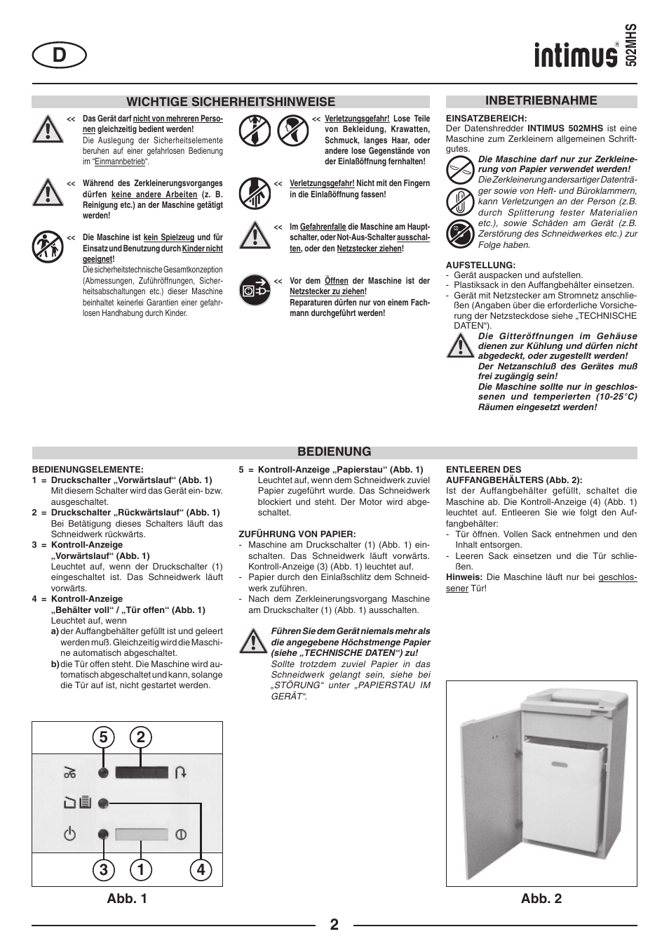 502mhs, Abb. 2, Abb. 1 | Wichtige sicherheitshinweise, Bedienung, Inbetriebnahme | intimus 502 User Manual | Page 2 / 36