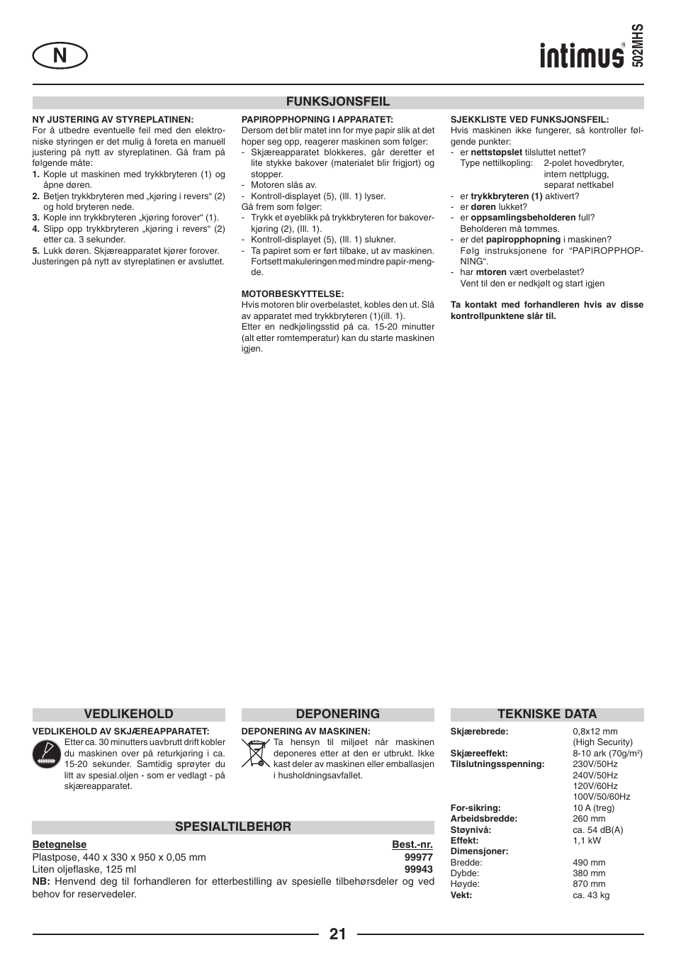 502mhs, Spesialtilbehør, Funksjonsfeil | Vedlikehold, Tekniske data, Deponering | intimus 502 User Manual | Page 21 / 36