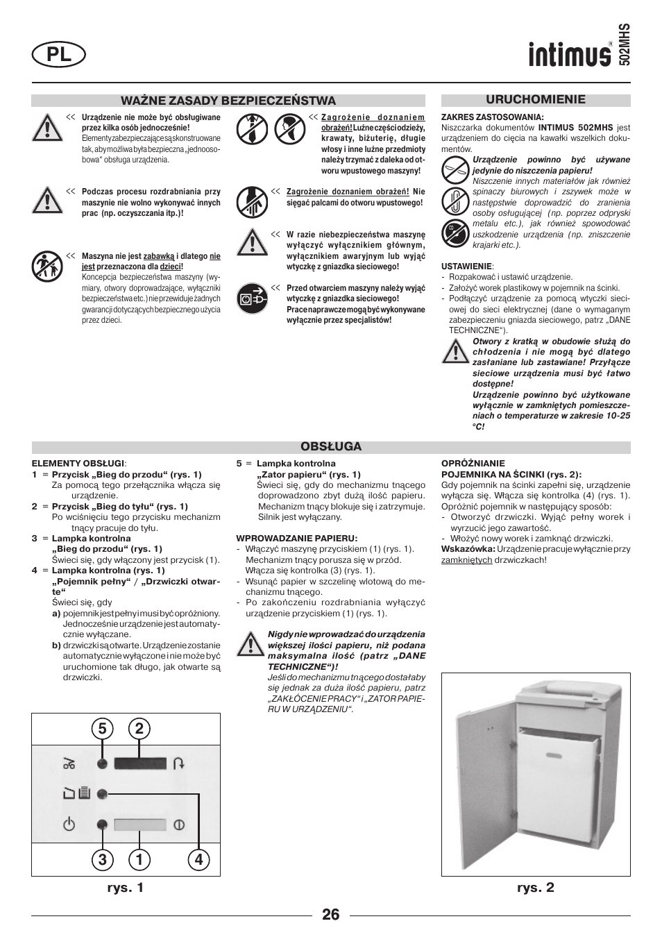 502mhs, Rys. 2 rys. 1, Ważne zasady bezpieczeństwa | Obsługa uruchomienie | intimus 502 User Manual | Page 26 / 36