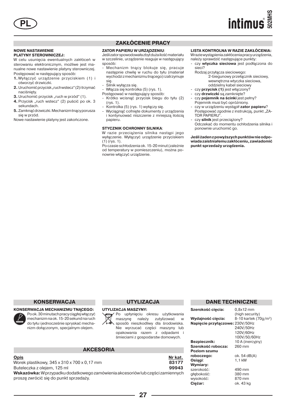 502mhs, Zakłócenie pracy dane techniczne, Akcesoria | Konserwacja, Utylizacja | intimus 502 User Manual | Page 27 / 36
