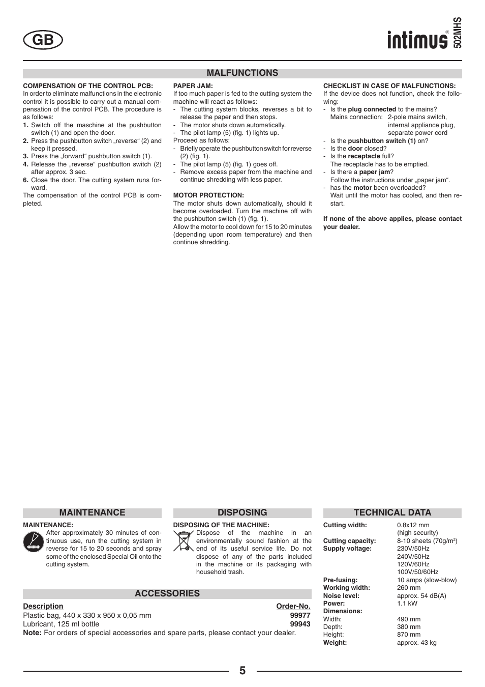 502mhs, Malfunctions, Maintenance technical data | Accessories, Disposing | intimus 502 User Manual | Page 5 / 36