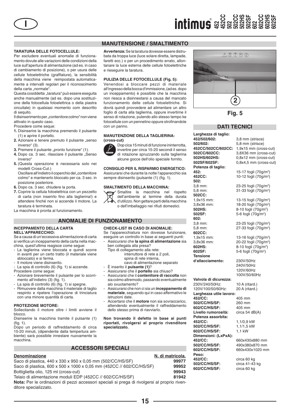 Fig. 5, Manutensione / smaltimento, Dati tecnici anomalie di funzionamento | Accessori speciali | intimus Modelis 684 User Manual | Page 15 / 48