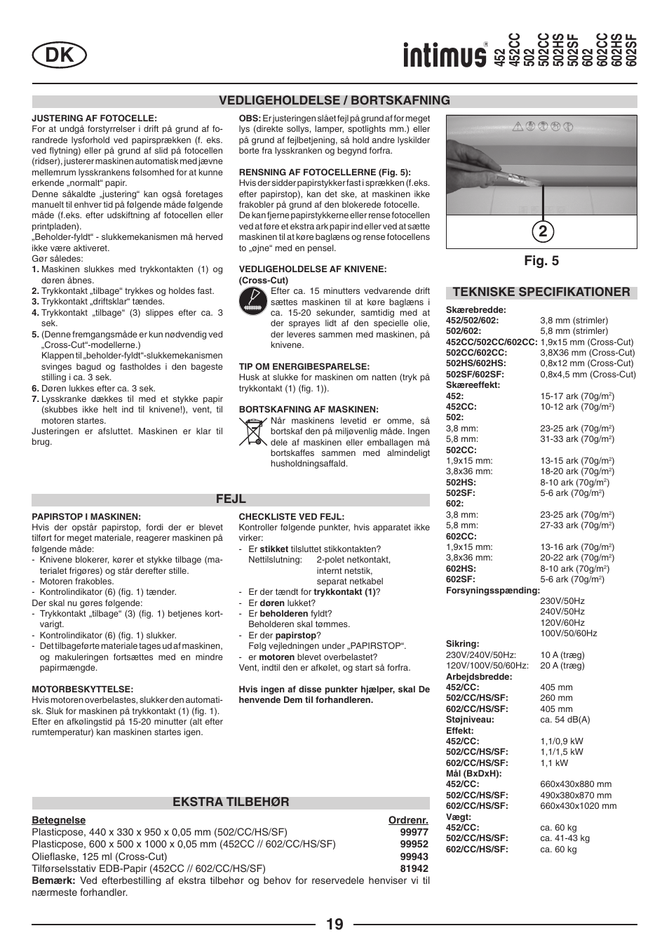 Fig. 5, Vedligeholdelse / bortskafning, Fejl | Tekniske specifikationer, Ekstra tilbehør | intimus Modelis 684 User Manual | Page 19 / 48