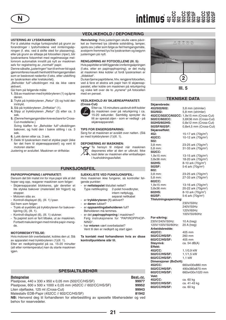 Ill. 5, Vedlikehold / deponering, Funksjonsfeil | Tekniske data, Spesialtilbehør | intimus Modelis 684 User Manual | Page 21 / 48