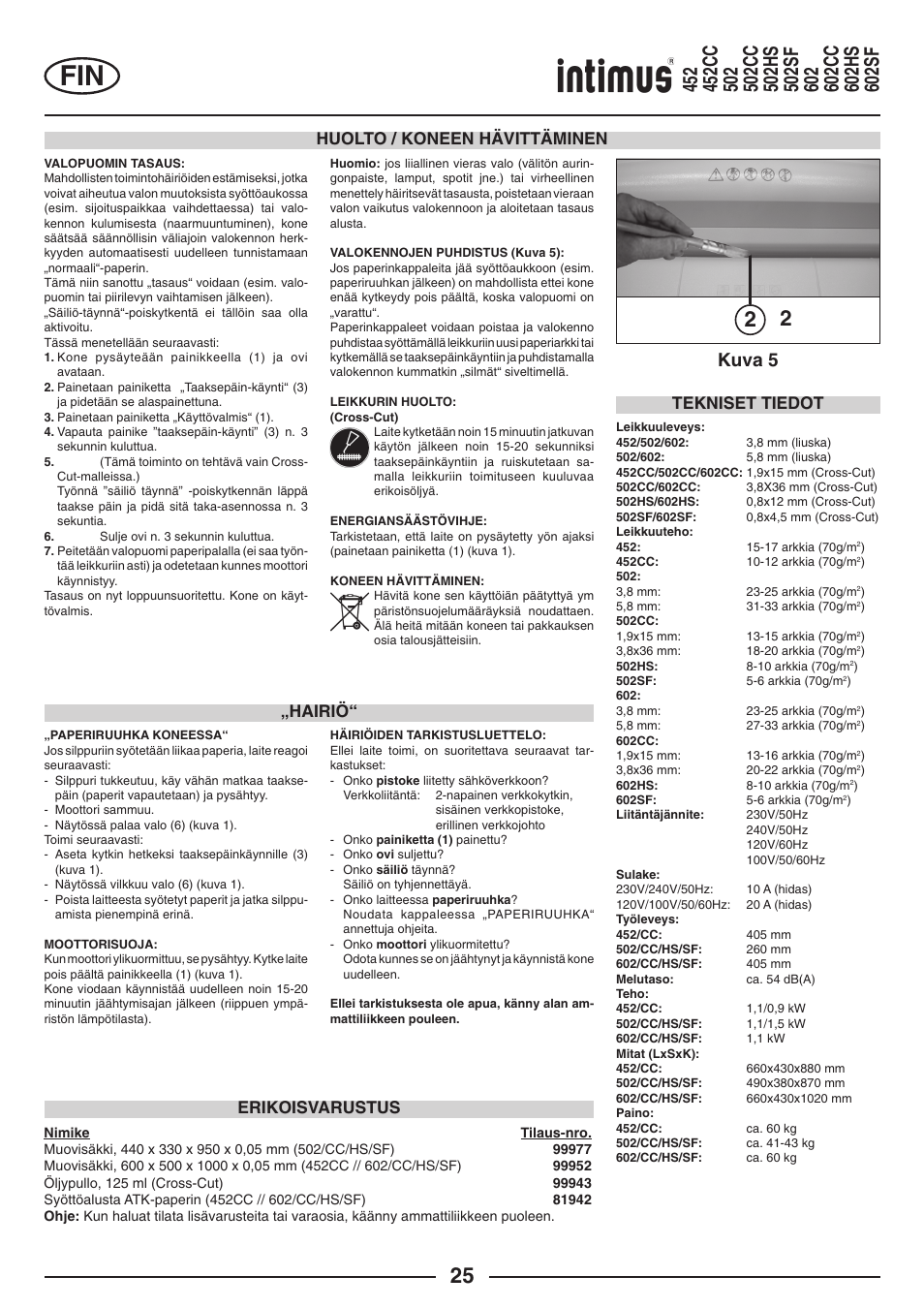 Kuva 5, Huolto / koneen hävittäminen, Hairiö | Tekniset tiedot, Erikoisvarustus | intimus Modelis 684 User Manual | Page 25 / 48