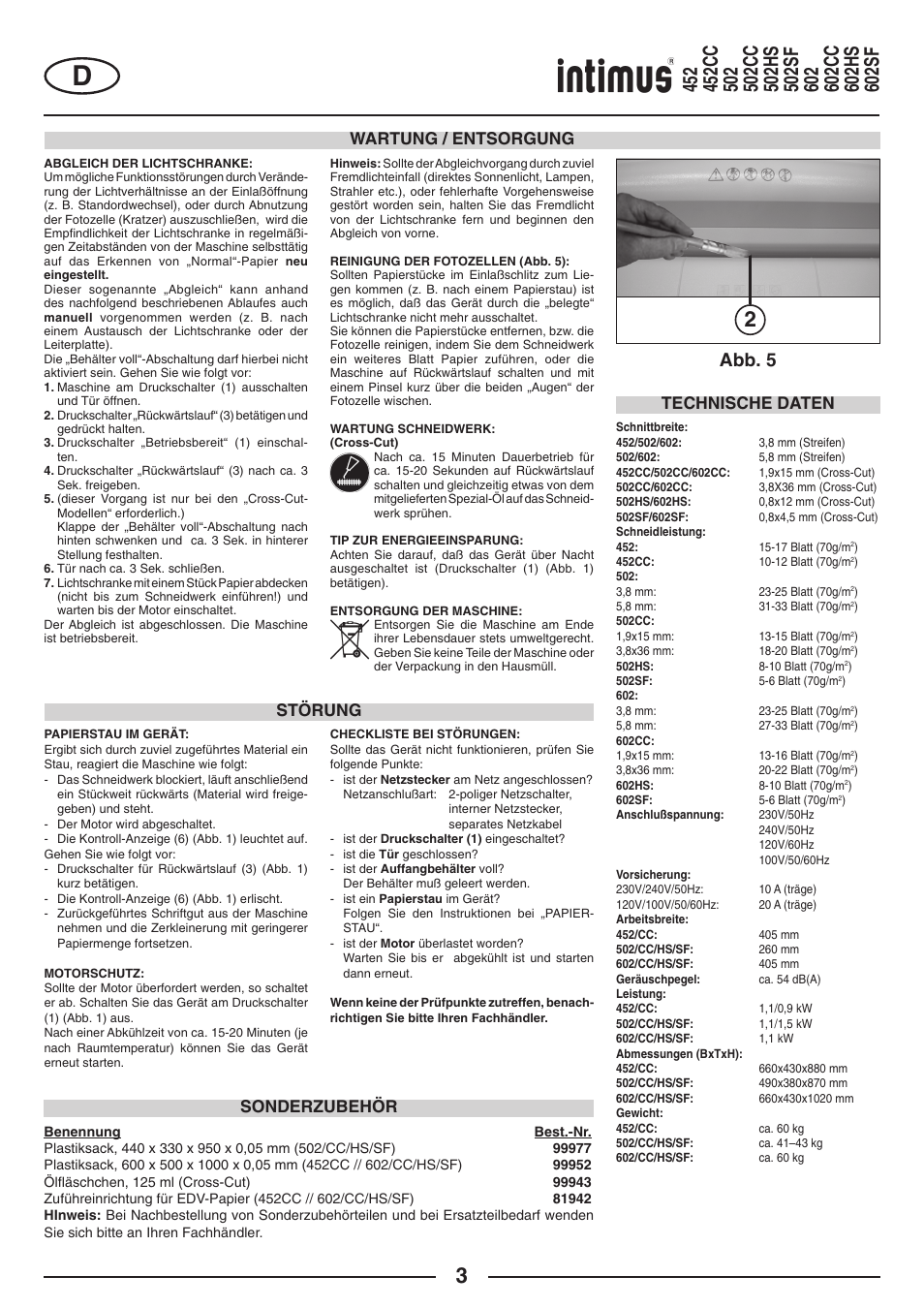 Abb. 5, Wartung / entsorgung, Technische daten | Sonderzubehör störung | intimus Modelis 684 User Manual | Page 3 / 48