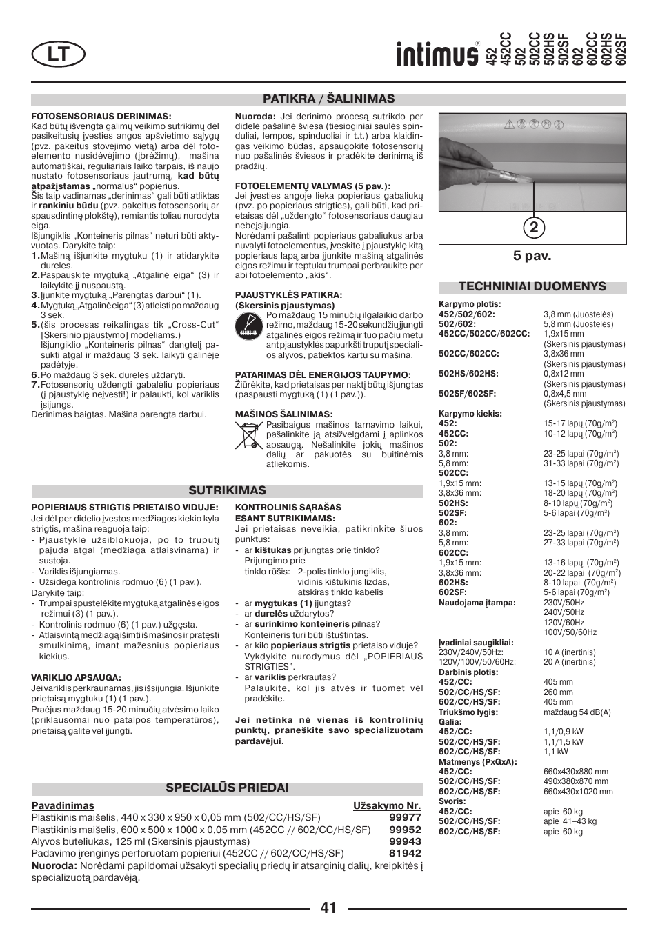 5 pav, Patikra / šalinimas, Specialūs priedai sutrikimas | Techniniai duomenys | intimus Modelis 684 User Manual | Page 41 / 48