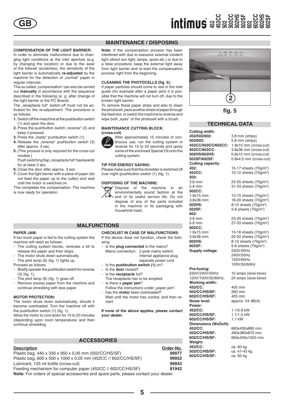 FIg. 5, Maintenance / disposing, Technical data malfunctions | Accessories | intimus Modelis 684 User Manual | Page 5 / 48