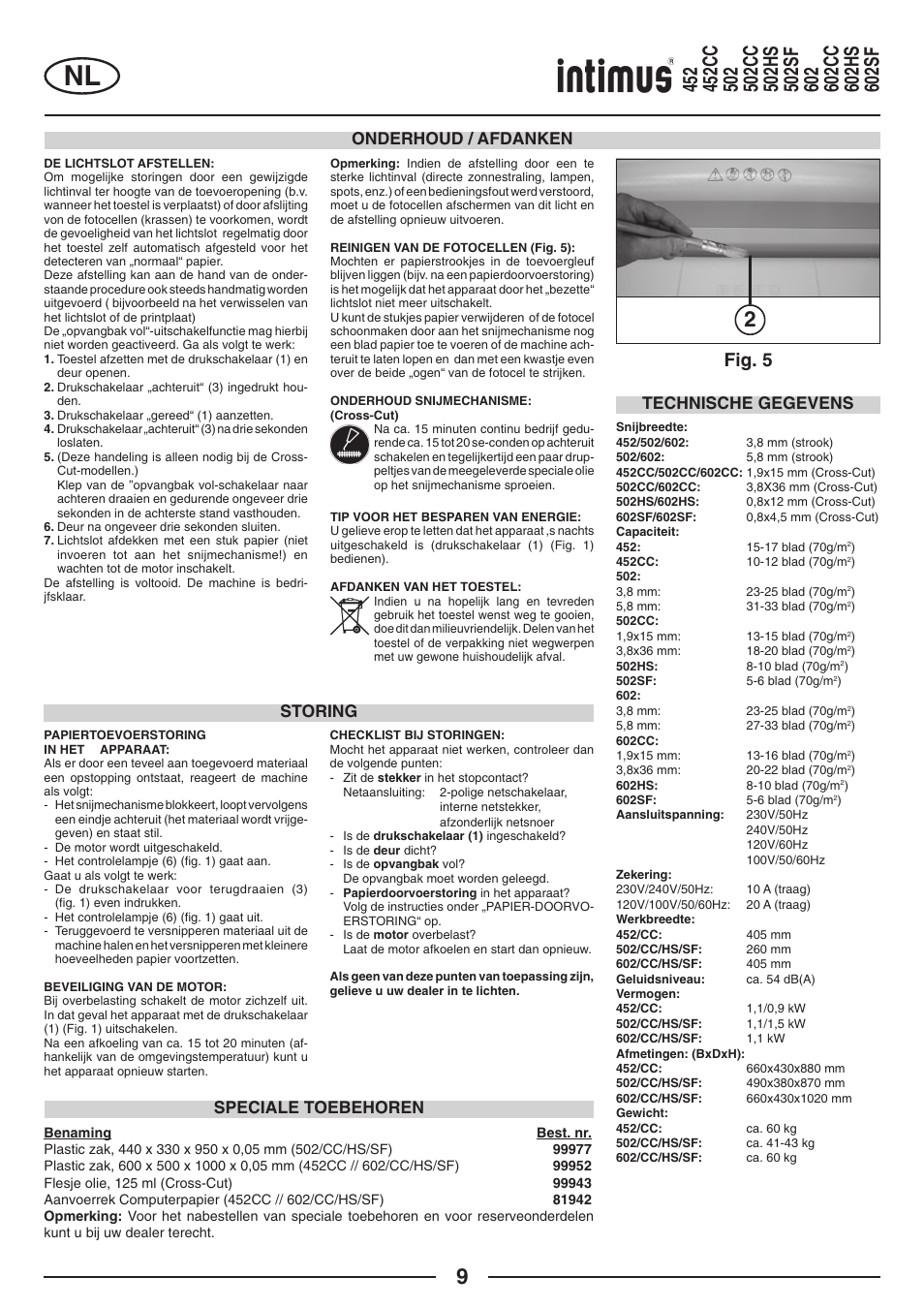 Fig. 5, Onderhoud / afdanken, Storing | Speciale toebehoren technische gegevens | intimus Modelis 684 User Manual | Page 9 / 48
