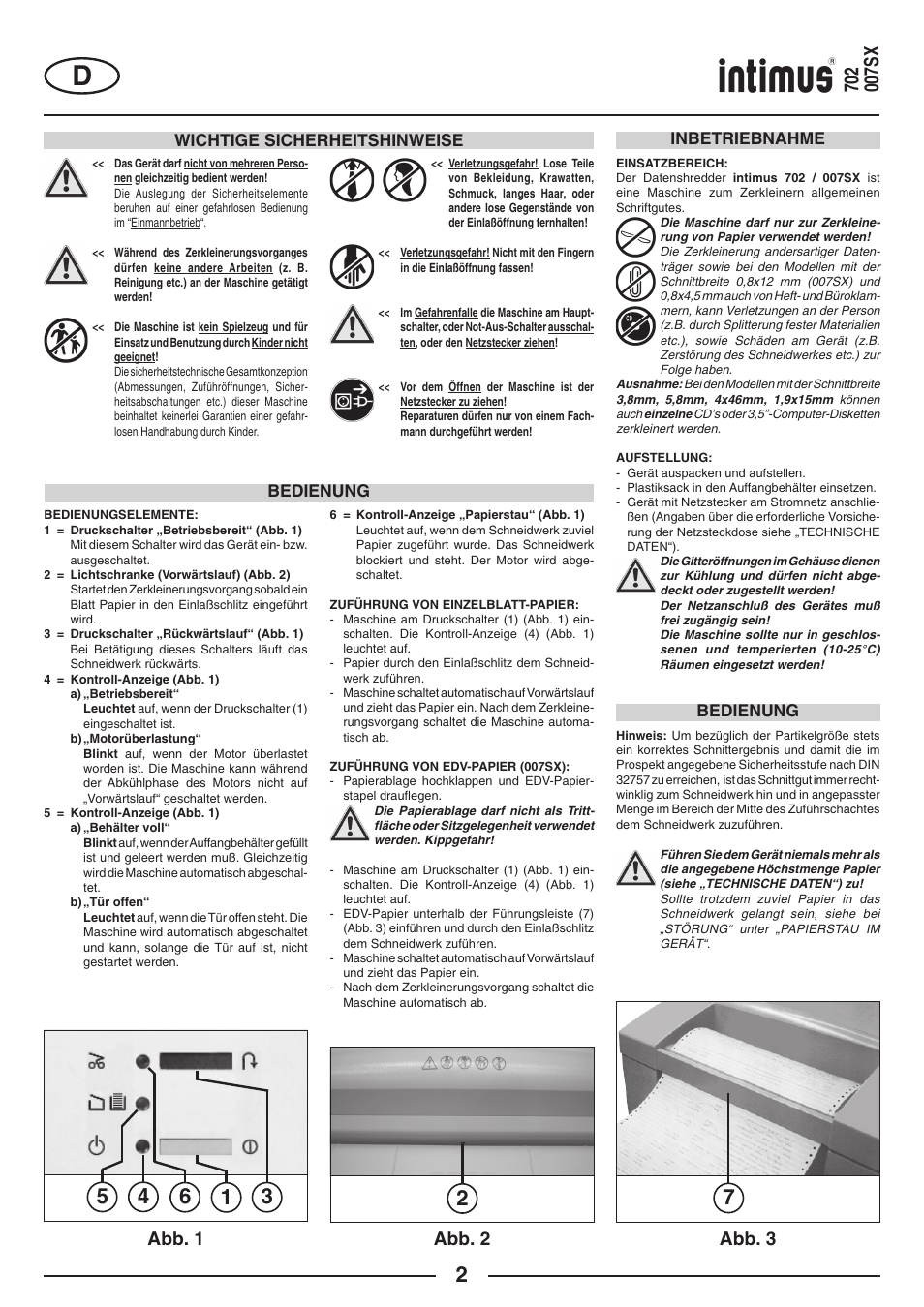 Abb. 1, Abb. 3, Abb. 2 | Wichtige sicherheitshinweise, Bedienung, Inbetriebnahme | intimus 702 User Manual | Page 2 / 36