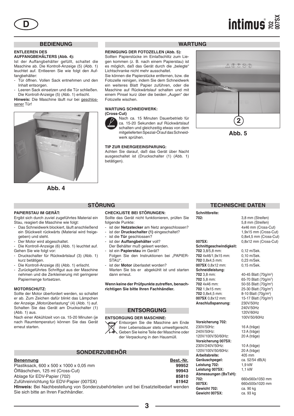 Abb. 5, Abb. 4, Wartung | Technische daten, Sonderzubehör, Störung, Entsorgung, Bedienung | intimus 702 User Manual | Page 3 / 36