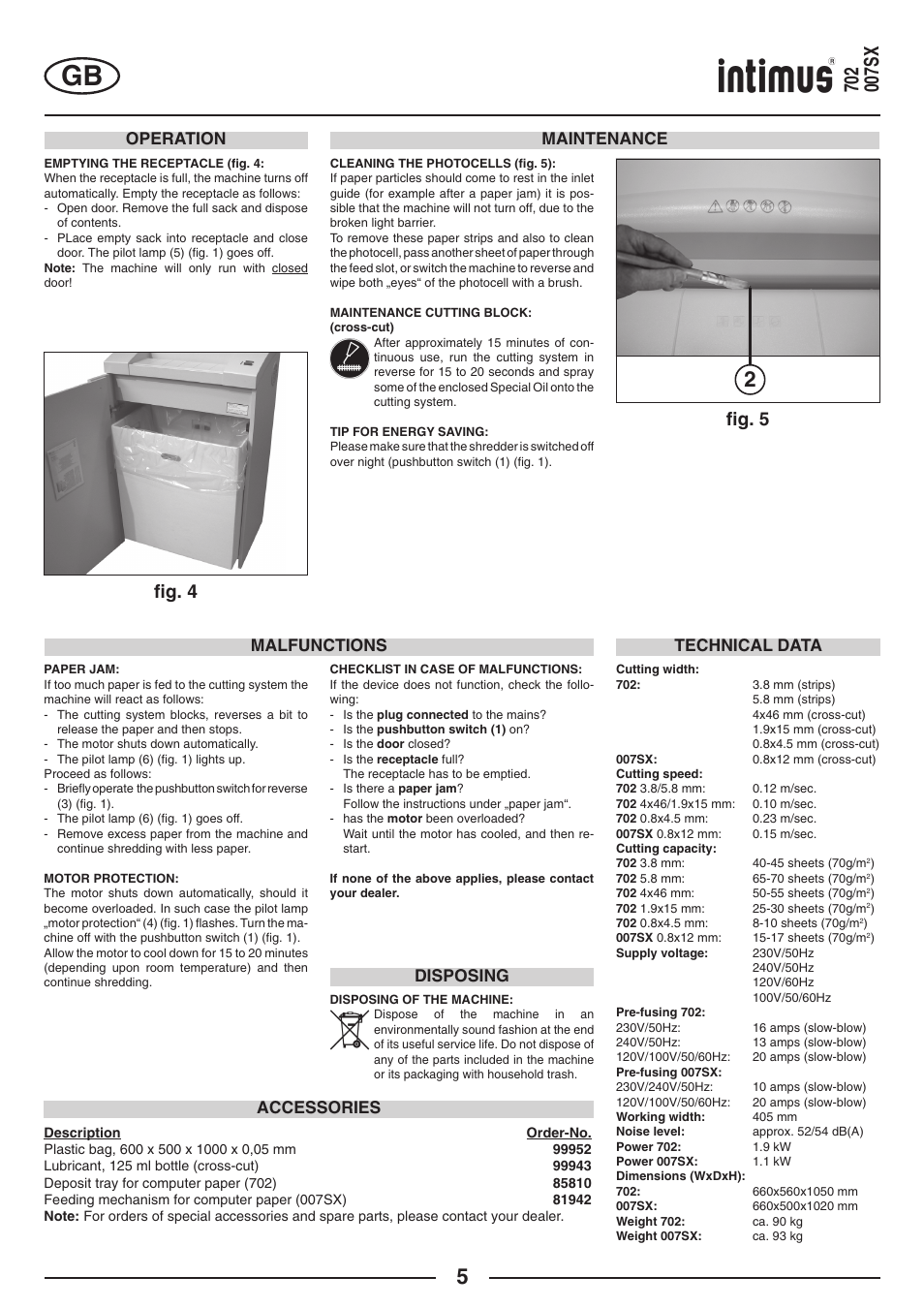 FIg. 5, FIg. 4, Maintenance | Technical data malfunctions, Accessories, Disposing, Operation | intimus 702 User Manual | Page 5 / 36