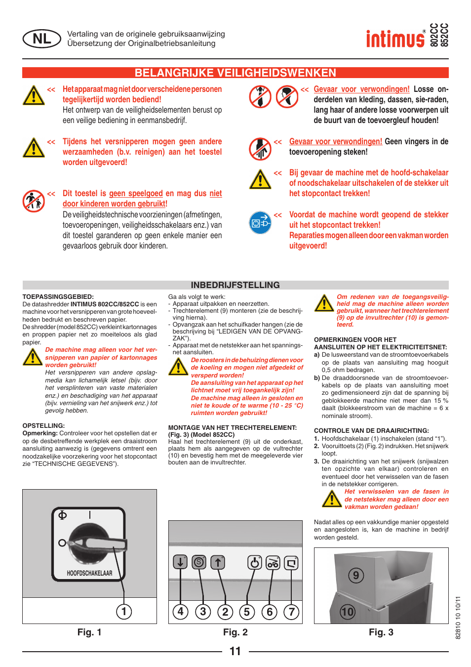 Belangrijke veiligheidswenken | intimus 852 CC User Manual | Page 11 / 56