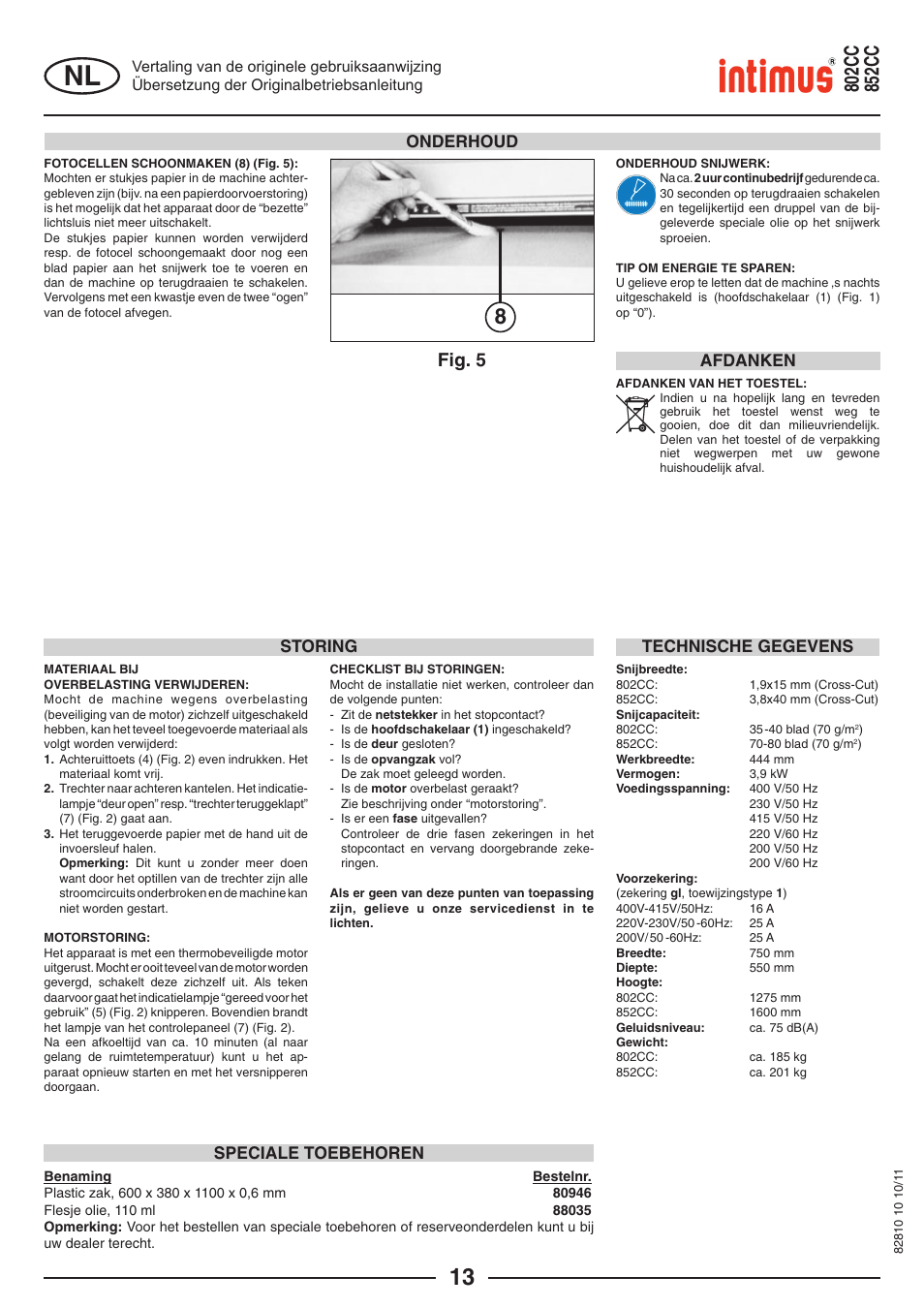 Fig. 5, Onderhoud, Storing | Technische gegevens, Speciale toebehoren, Afdanken | intimus 852 CC User Manual | Page 13 / 56