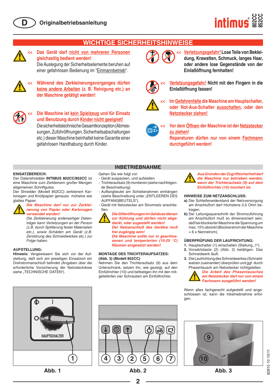 Wichtige sicherheitshinweise | intimus 852 CC User Manual | Page 2 / 56