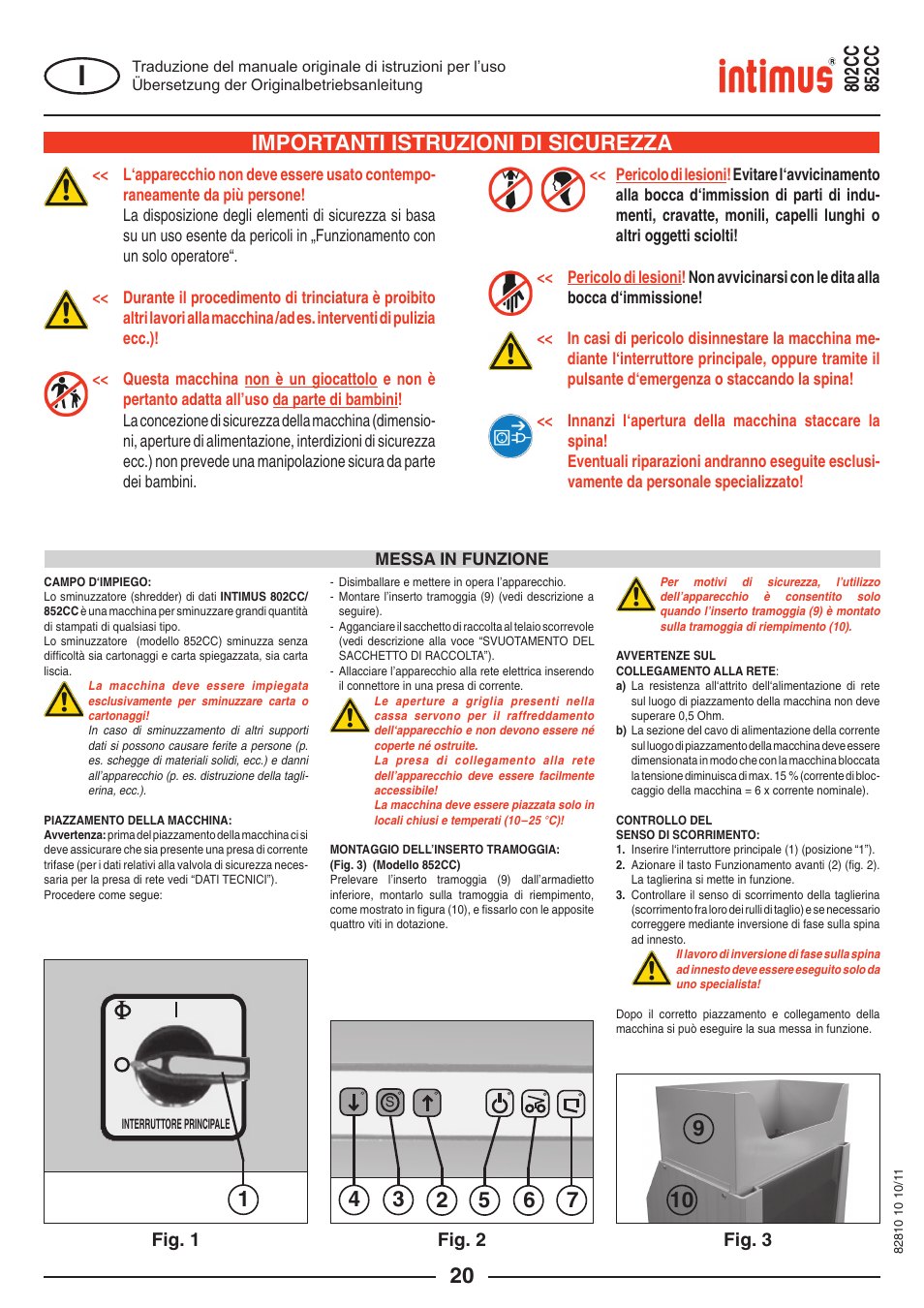 Importanti istruzioni di sicurezza | intimus 852 CC User Manual | Page 20 / 56