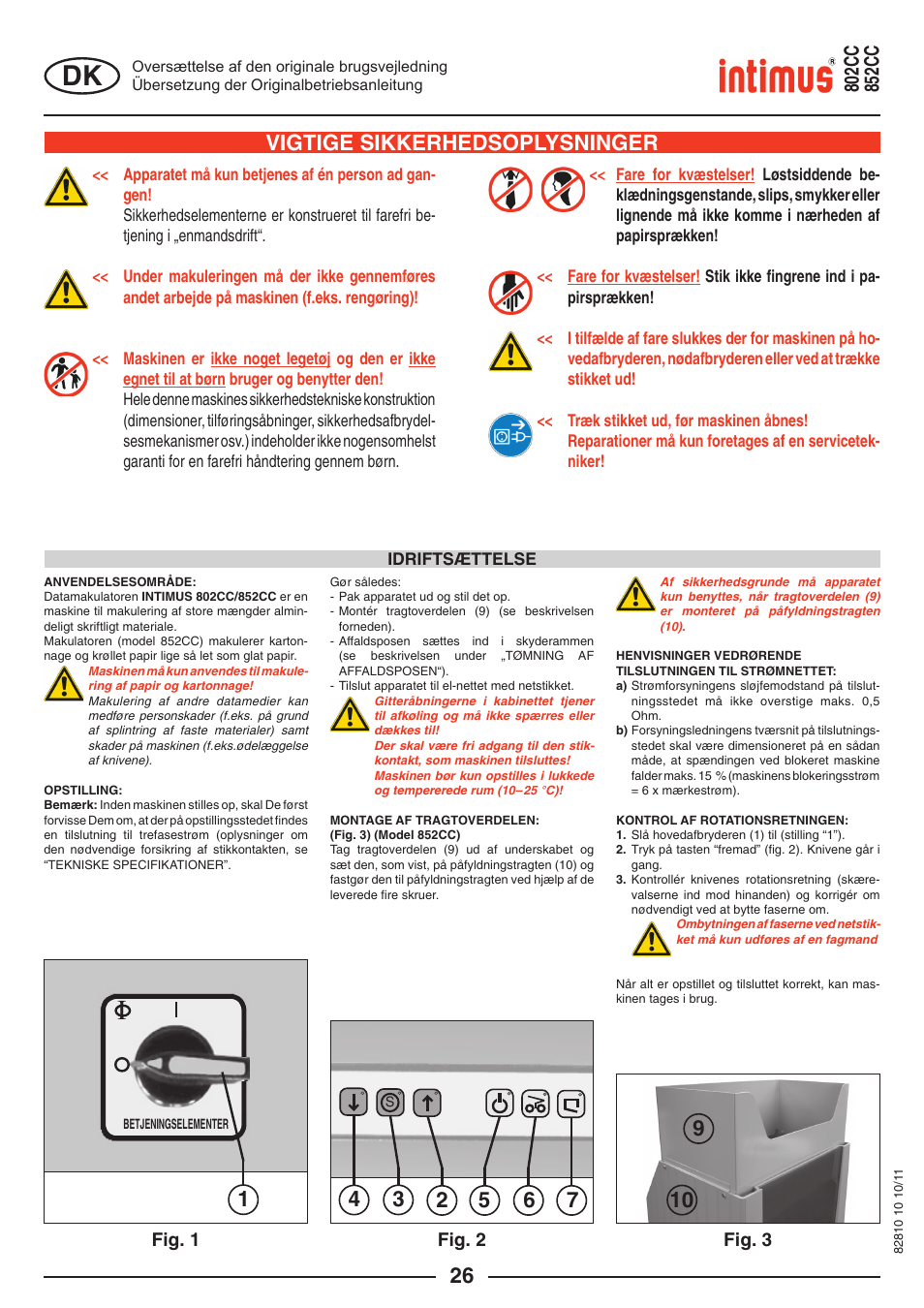 Vigtige sikkerhedsoplysninger | intimus 852 CC User Manual | Page 26 / 56