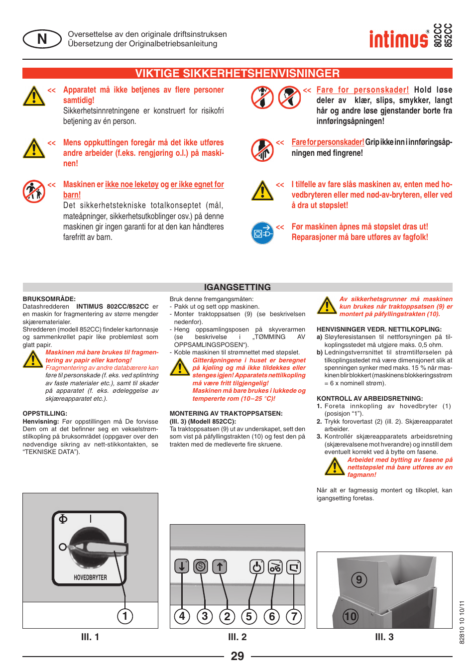 Viktige sikkerhetshenvisninger | intimus 852 CC User Manual | Page 29 / 56