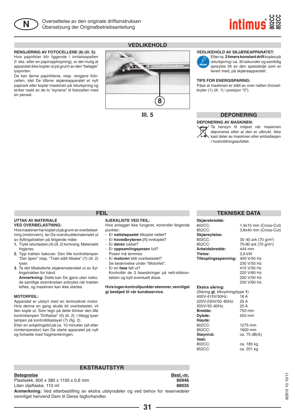 Ill. 5, Vedlikehold, Feil | Tekniske data, Ekstrautstyr, Deponering | intimus 852 CC User Manual | Page 31 / 56
