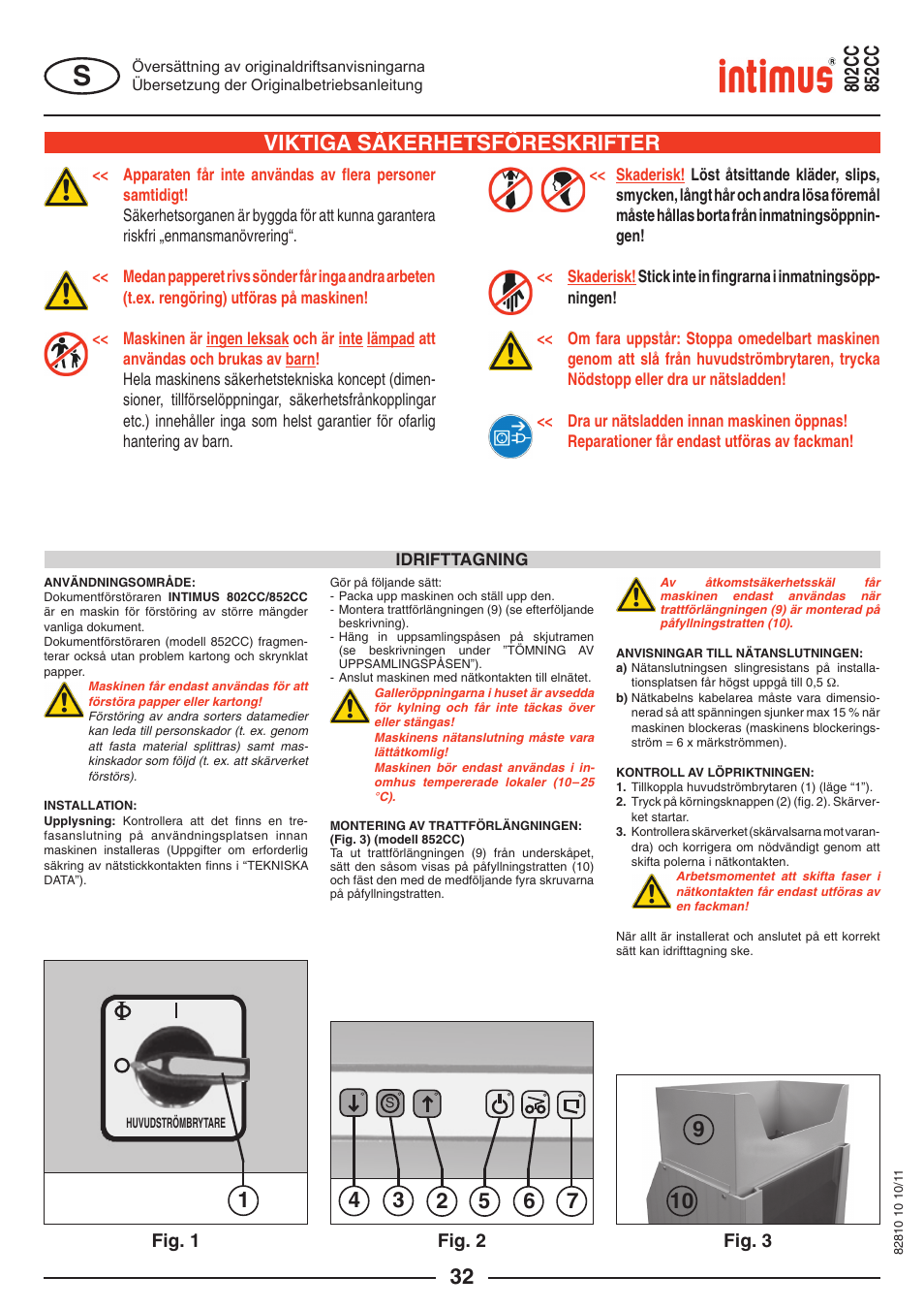Viktiga säkerhetsföreskrifter | intimus 852 CC User Manual | Page 32 / 56