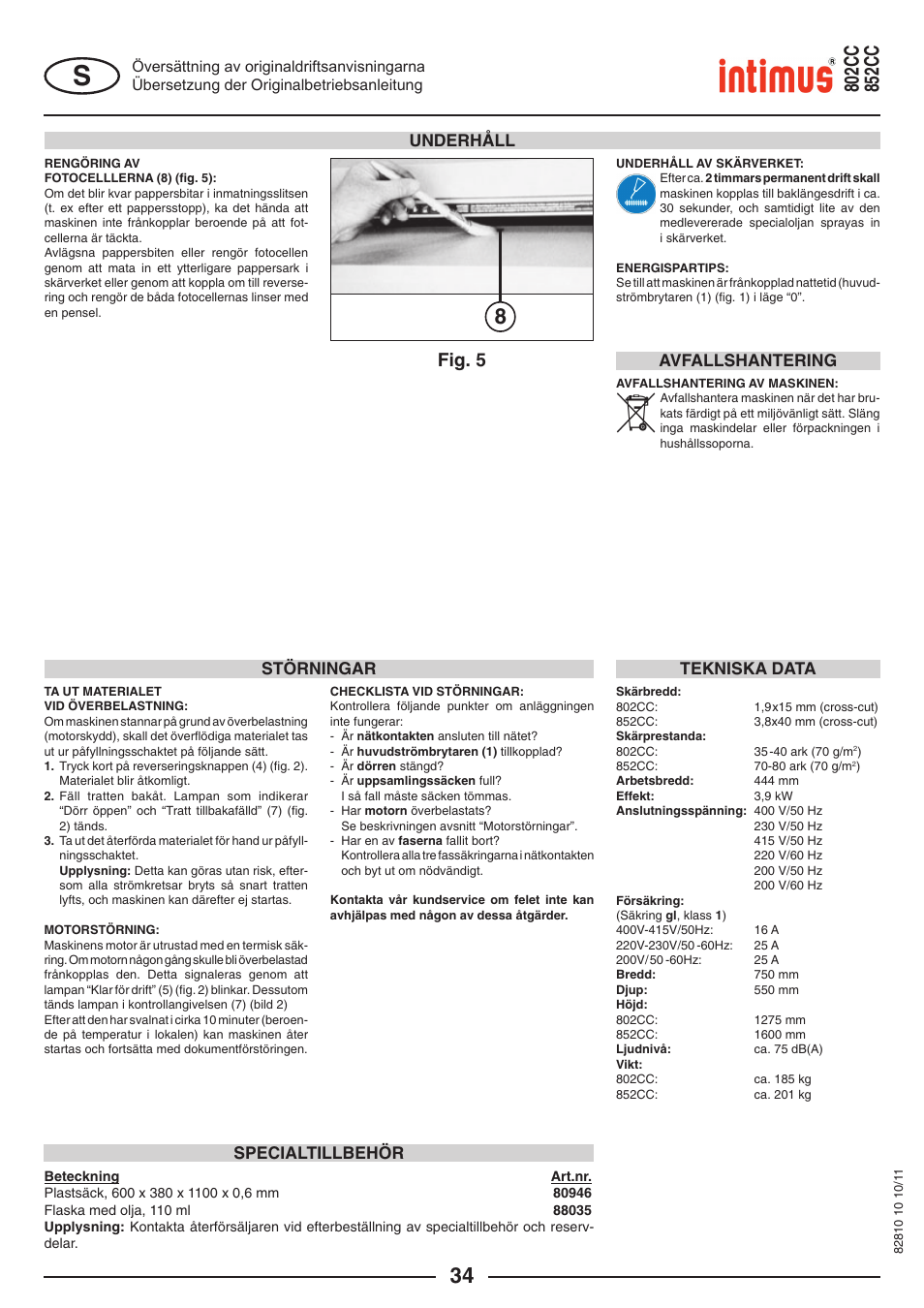 Fig. 5, Underhåll, Störningar | Tekniska data, Specialtillbehör, Avfallshantering | intimus 852 CC User Manual | Page 34 / 56