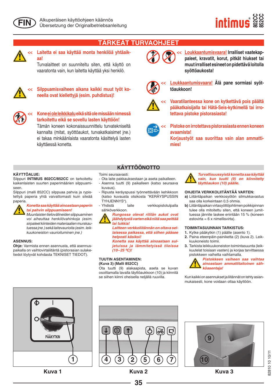 Tärkeät turvaohjeet | intimus 852 CC User Manual | Page 35 / 56