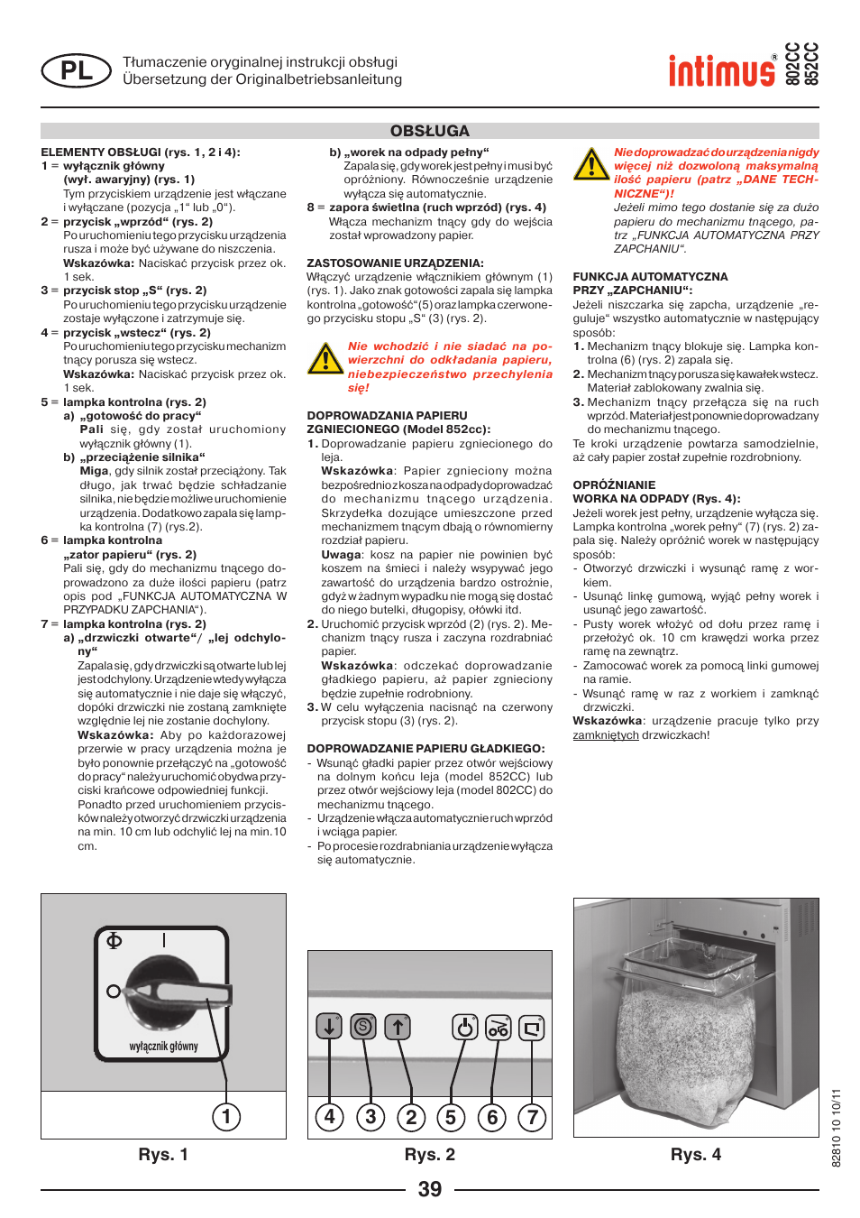 Rys. 1 rys. 2 rys. 4, Obsługa | intimus 852 CC User Manual | Page 39 / 56