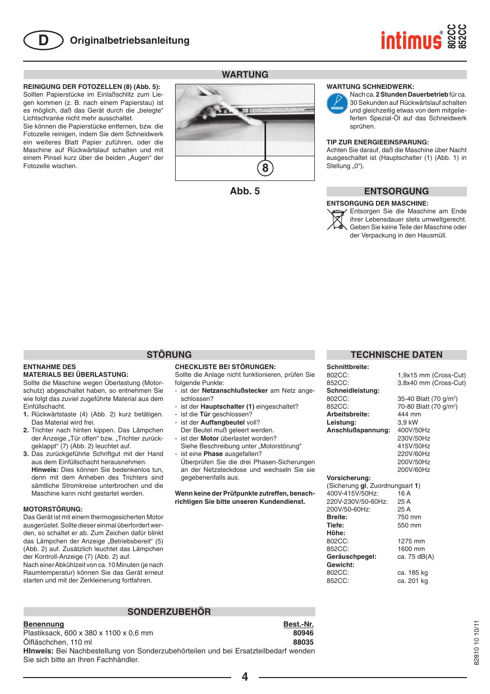 Abb. 5, Originalbetriebsanleitung, Wartung | Störung, Technische daten, Sonderzubehör, Entsorgung | intimus 852 CC User Manual | Page 4 / 56
