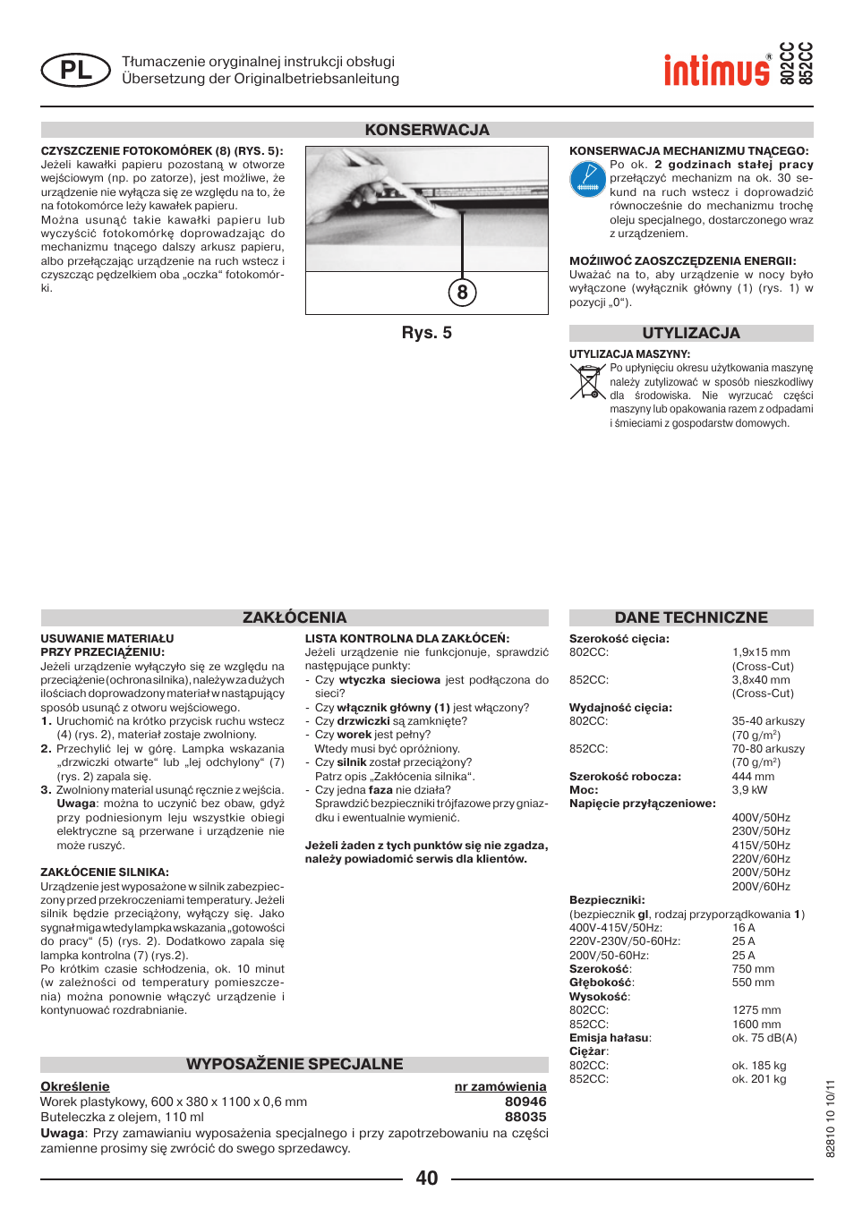 Rys. 5, Konserwacja, Zakłócenia | Dane techniczne, Wyposaženie specjalne, Utylizacja | intimus 852 CC User Manual | Page 40 / 56