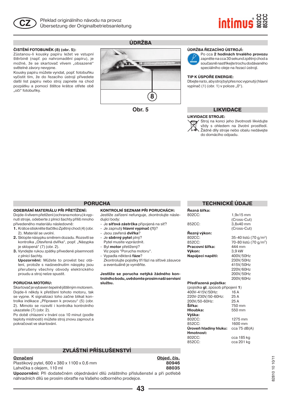 Obr. 5, Údržba, Porucha | Technické údaje, Zvláštní příslušenství, Likvidace | intimus 852 CC User Manual | Page 43 / 56