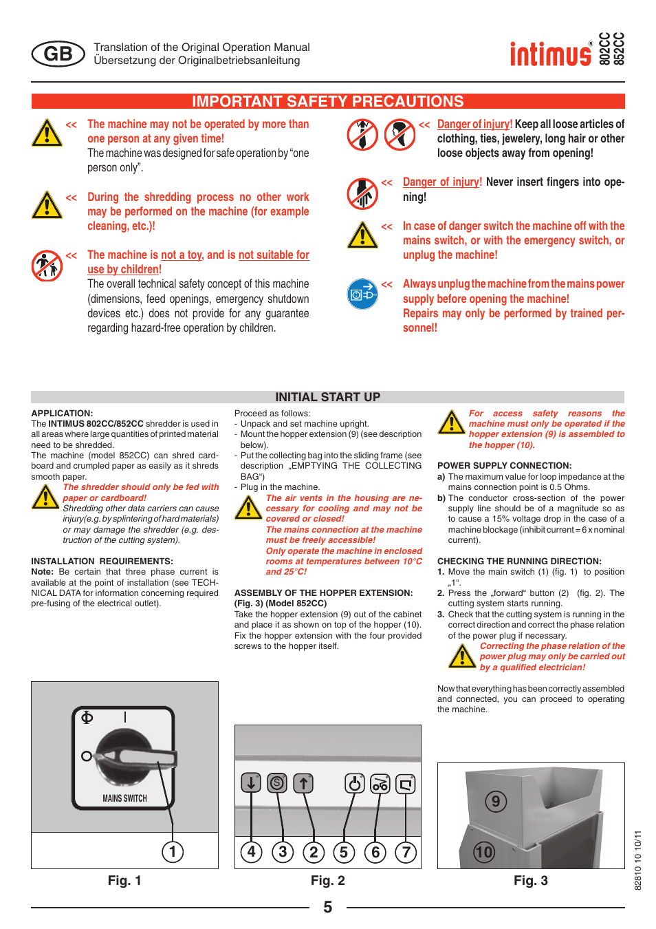 Important safety precautions | intimus 852 CC User Manual | Page 5 / 56