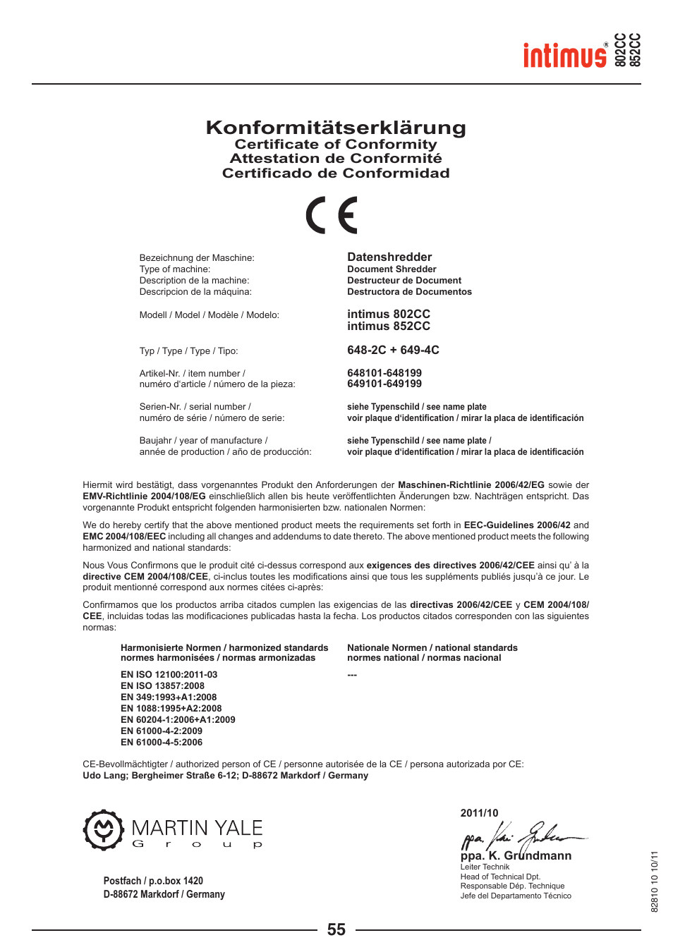 Konformitätserklärung | intimus 852 CC User Manual | Page 55 / 56