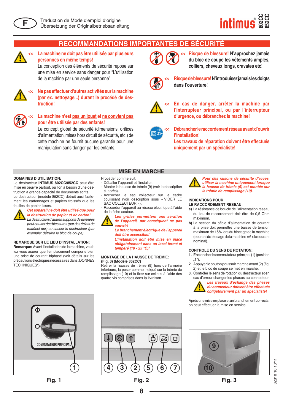 Recommandations importantes de sécurité, Fig. 1, Fig. 2 | Fig. 3 | intimus 852 CC User Manual | Page 8 / 56