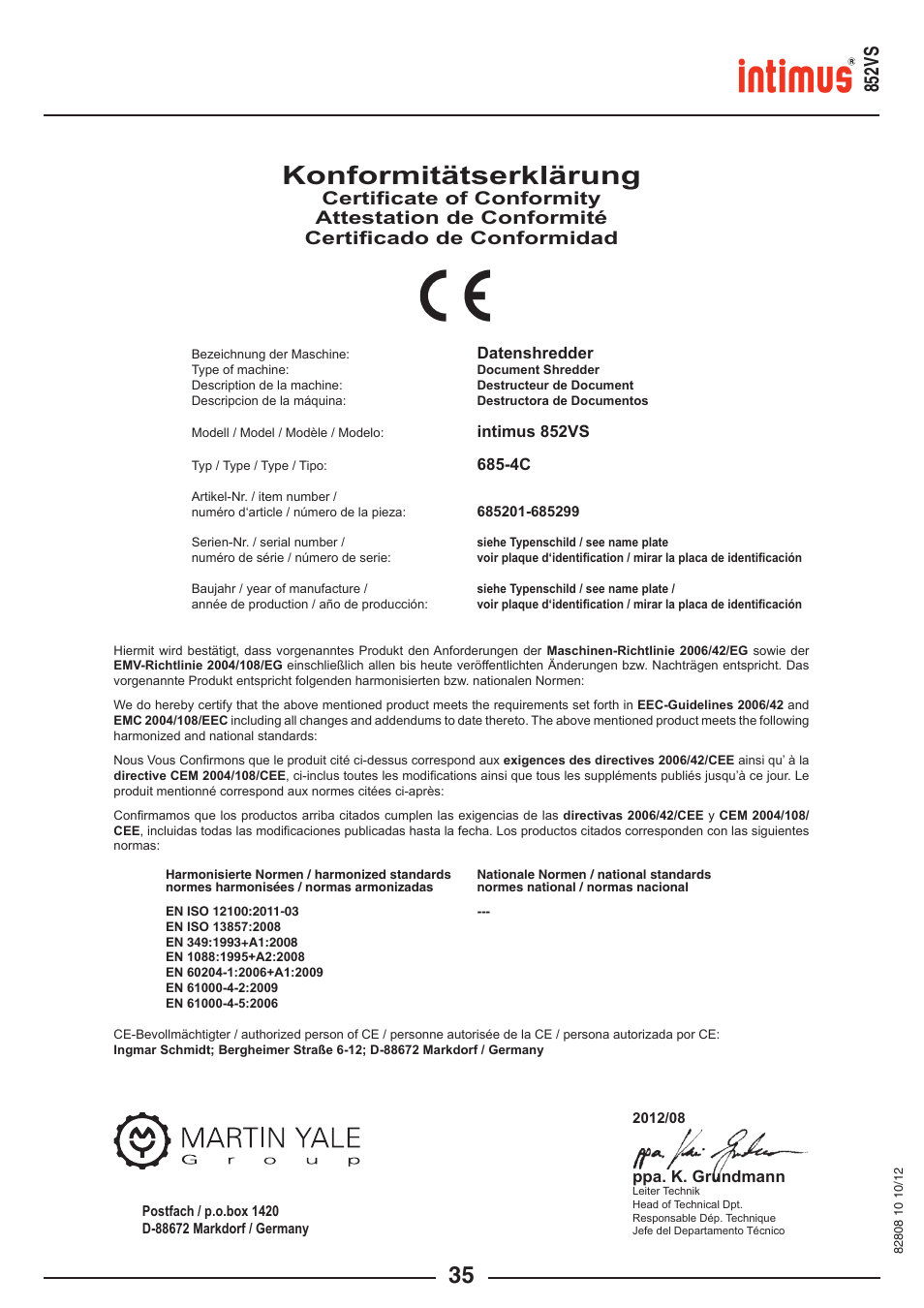 Konformitätserklärung, 852vs | intimus 852 VS User Manual | Page 35 / 36