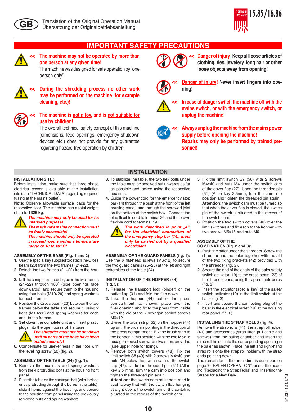 Important safety precautions, Installation | intimus POWER 16.86 User Manual | Page 10 / 68