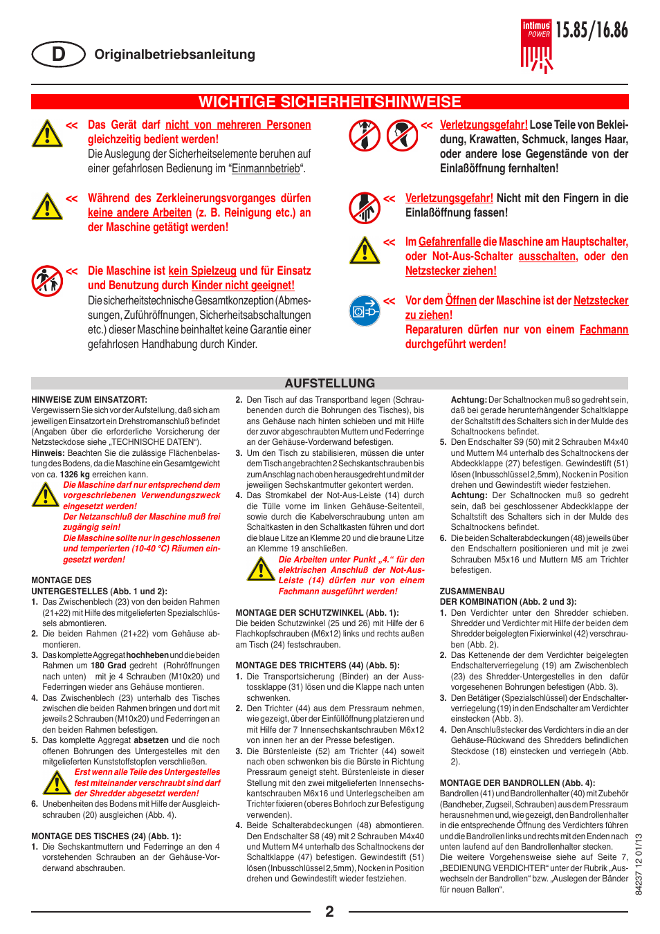 Wichtige sicherheitshinweise, Originalbetriebsanleitung, Aufstellung | intimus POWER 16.86 User Manual | Page 2 / 68