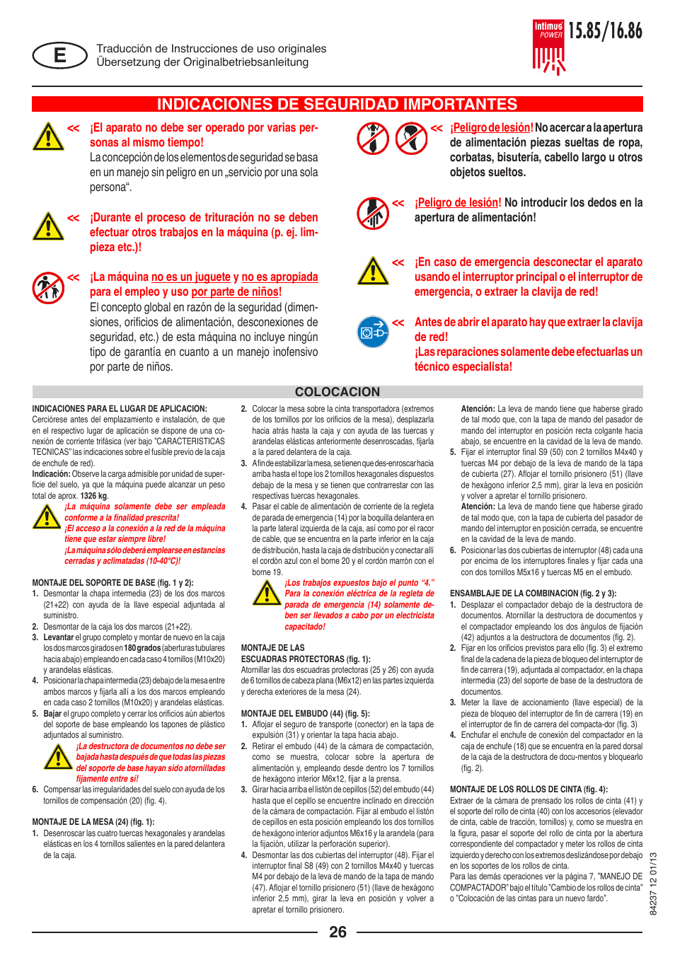 Indicaciones de seguridad importantes, Colocacion | intimus POWER 16.86 User Manual | Page 26 / 68