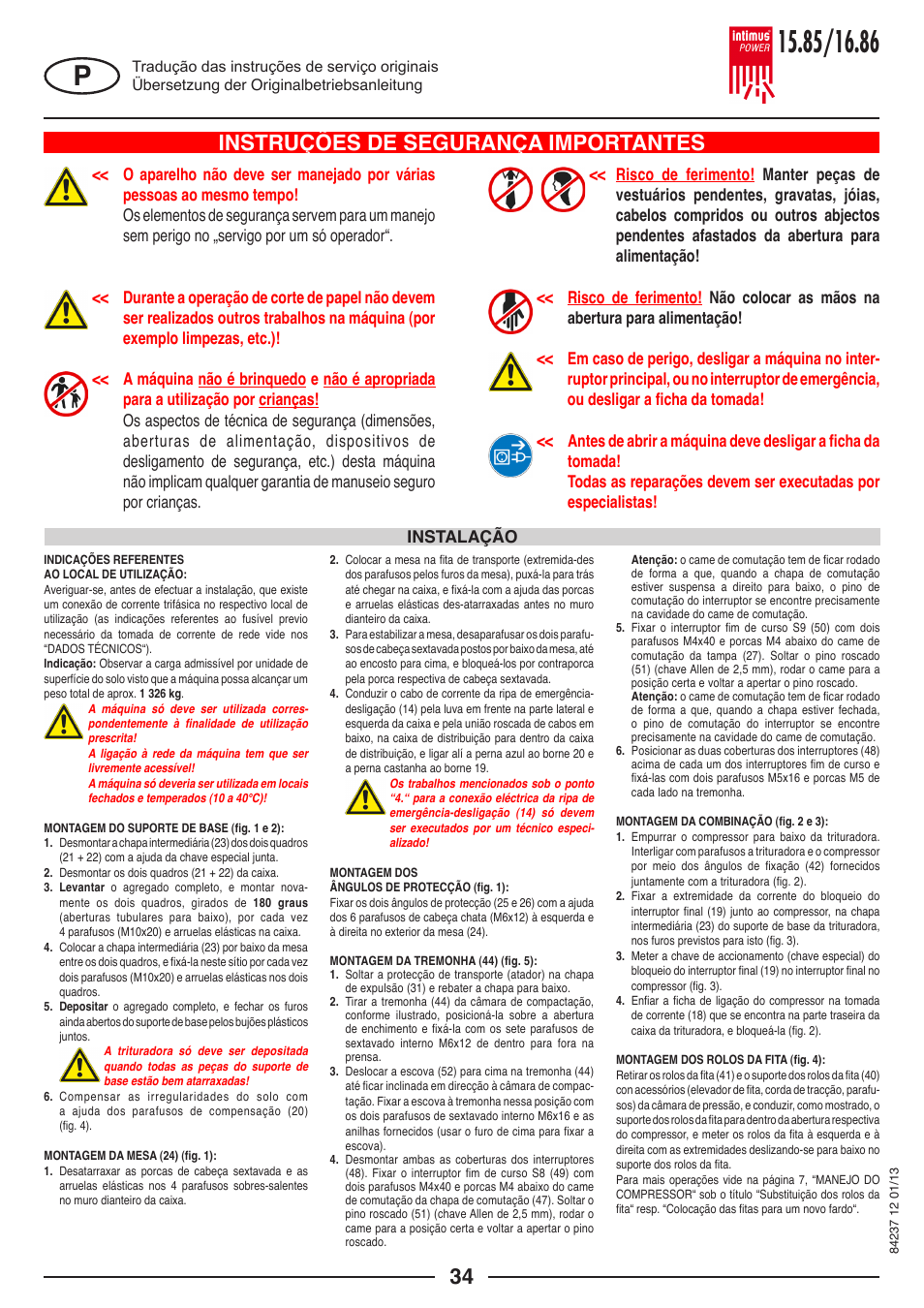 Instruções de segurança importantes, Instalação | intimus POWER 16.86 User Manual | Page 34 / 68