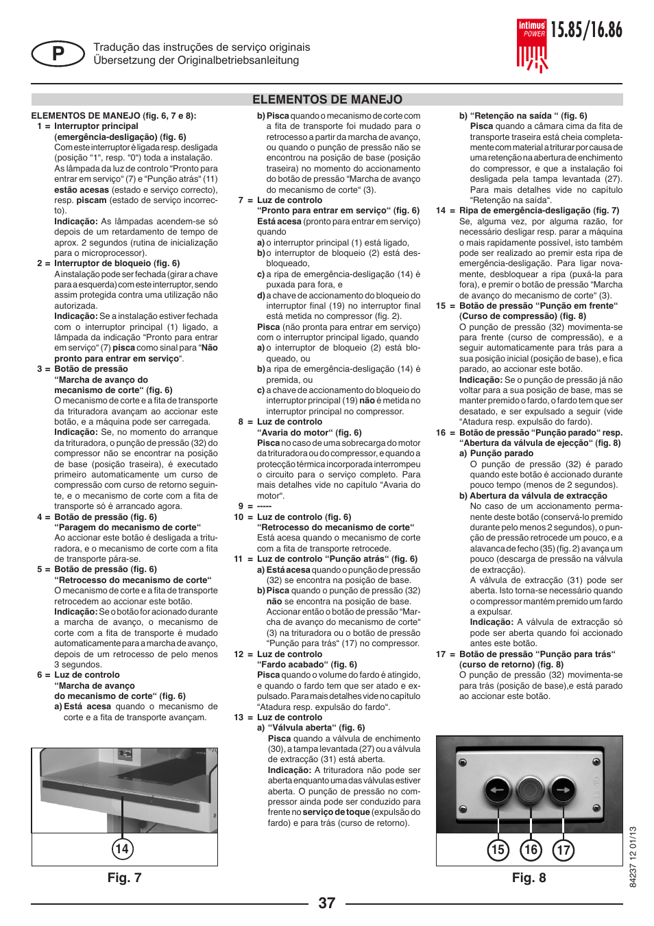 Elementos de manejo | intimus POWER 16.86 User Manual | Page 37 / 68