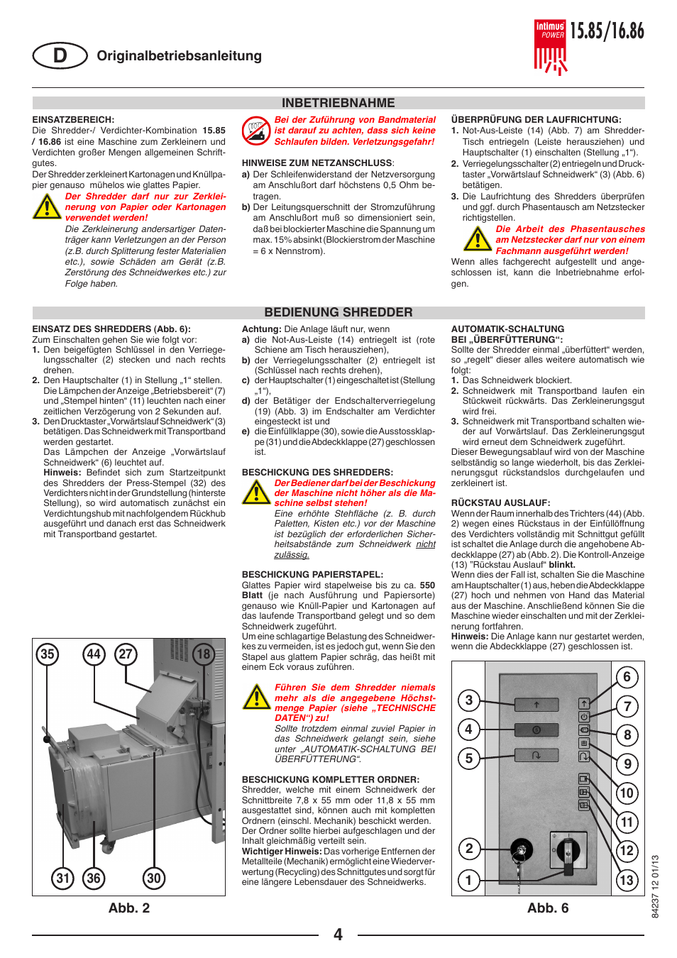 Abb. 2 abb. 6 originalbetriebsanleitung, Inbetriebnahme bedienung shredder | intimus POWER 16.86 User Manual | Page 4 / 68