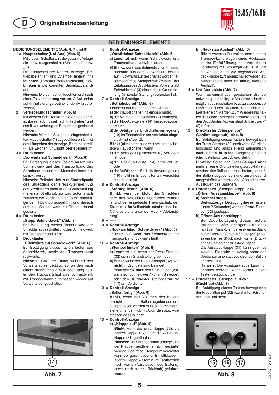 Abb. 7 abb. 8 originalbetriebsanleitung, Bedienungselemente | intimus POWER 16.86 User Manual | Page 5 / 68