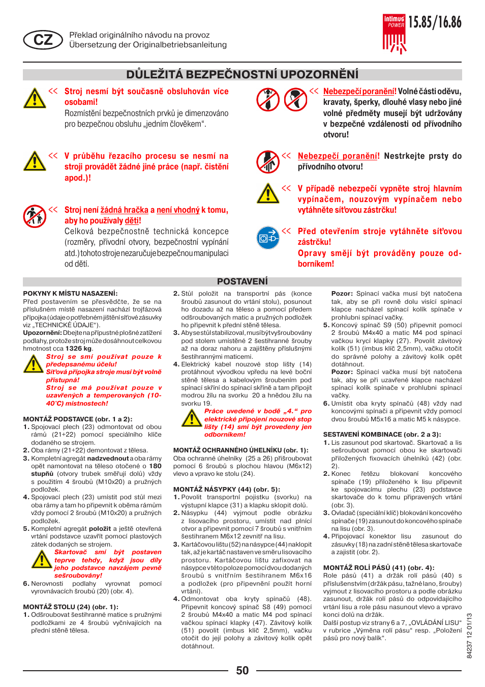 Důležitá bezpečnostní upozornění | intimus POWER 16.86 User Manual | Page 50 / 68