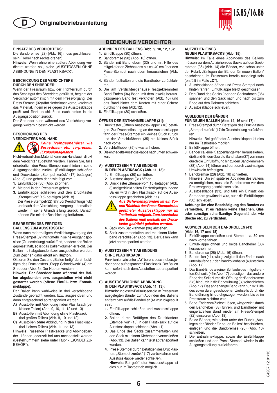 Originalbetriebsanleitung, Bedienung verdichter | intimus POWER 16.86 User Manual | Page 6 / 68