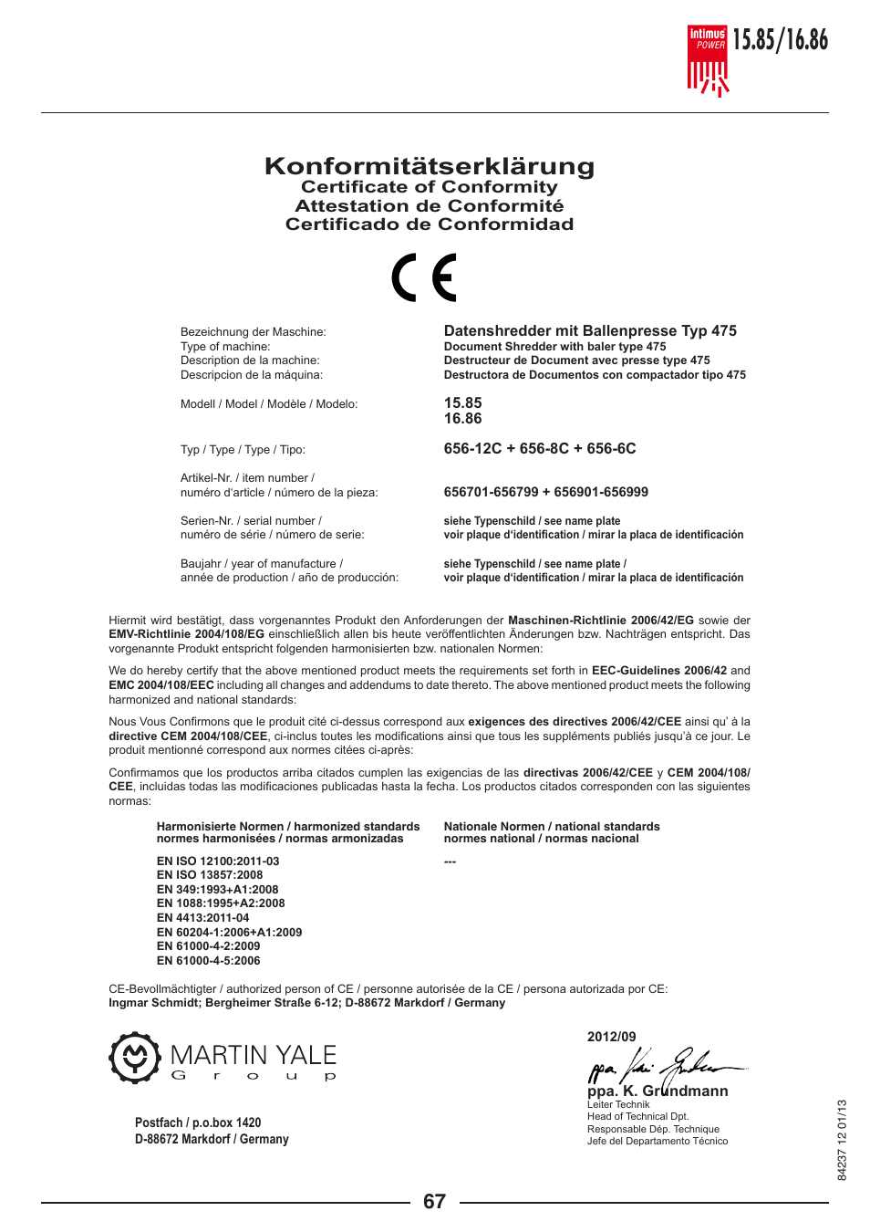 Konformitätserklärung | intimus POWER 16.86 User Manual | Page 67 / 68