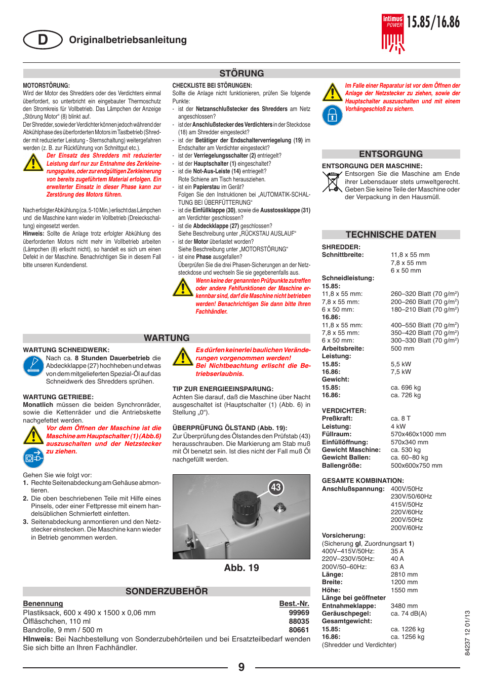Abb. 19 originalbetriebsanleitung, Störung wartung, Technische daten sonderzubehör | Entsorgung | intimus POWER 16.86 User Manual | Page 9 / 68