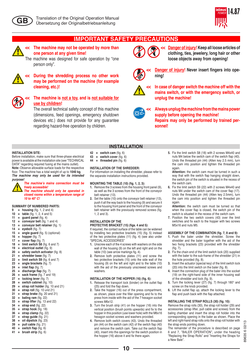 Important safety precautions, Installation | intimus POWER 14.87 User Manual | Page 10 / 68