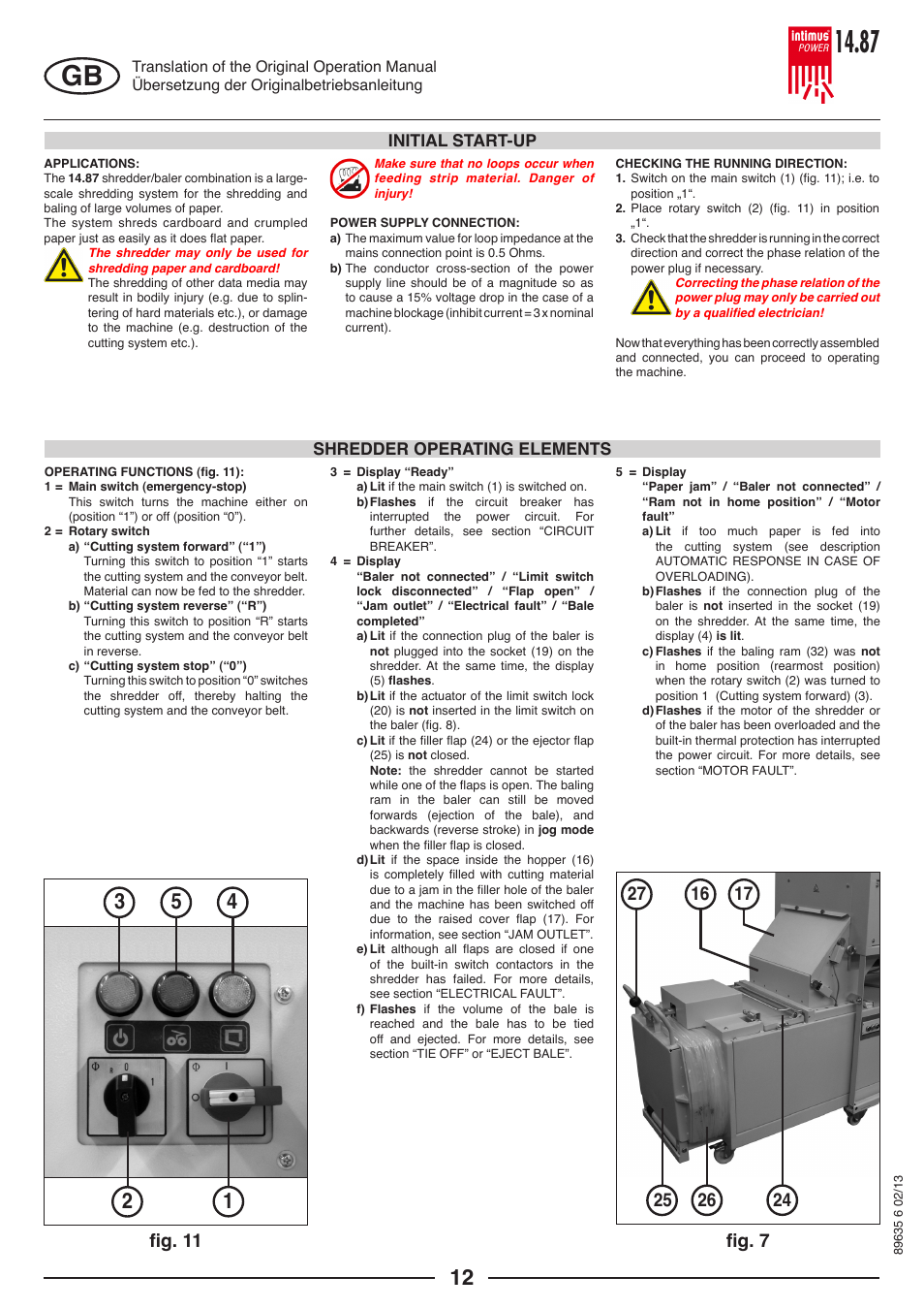 Fig. 11, Initial start-up shredder operating elements | intimus POWER 14.87 User Manual | Page 12 / 68