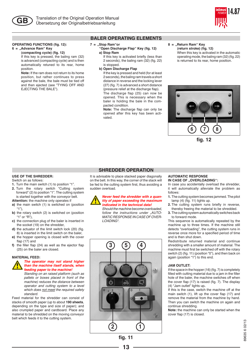 Fig. 11, Baler operating elements, Shredder operation | intimus POWER 14.87 User Manual | Page 13 / 68