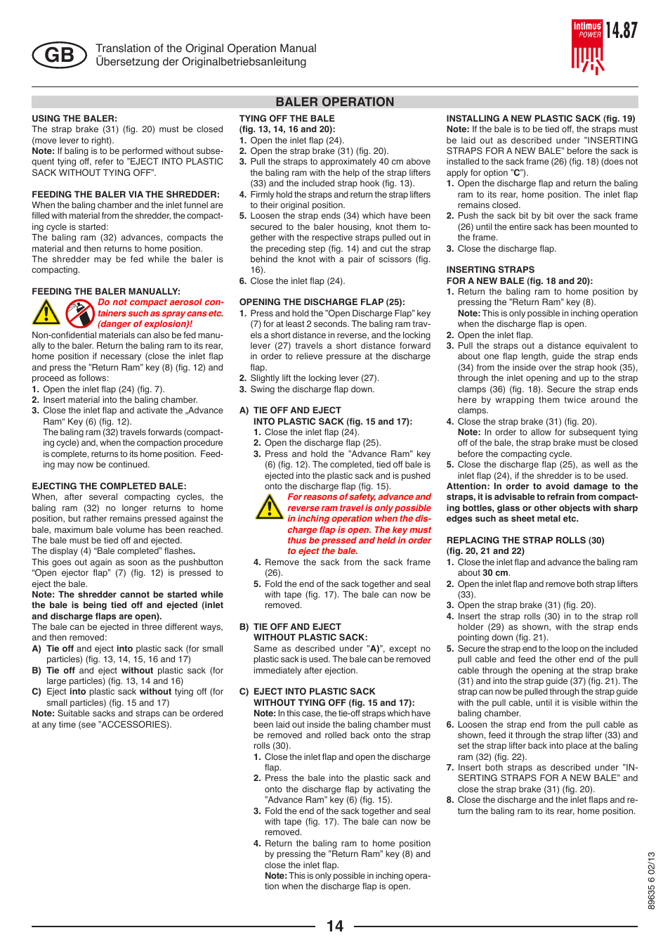Baler operation | intimus POWER 14.87 User Manual | Page 14 / 68