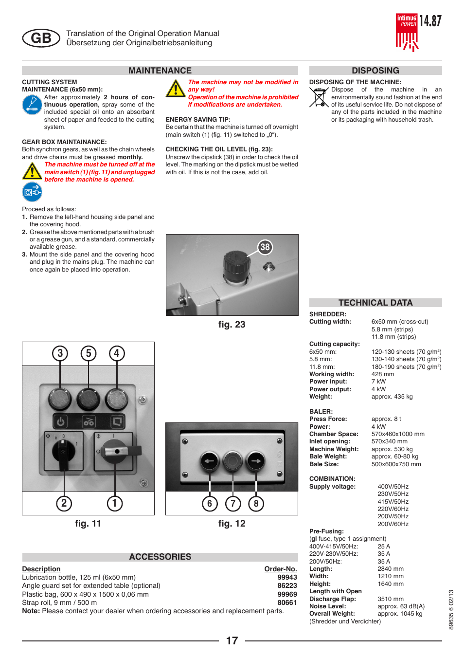 Maintenance technical data accessories, Disposing | intimus POWER 14.87 User Manual | Page 17 / 68